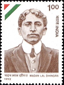 A 1992 Indian postage stamp of one rupee showing an engraved portrait of Madan Lal Dhingra in sepia, with his name printed in Devanagari and Latin script and the year 1992.